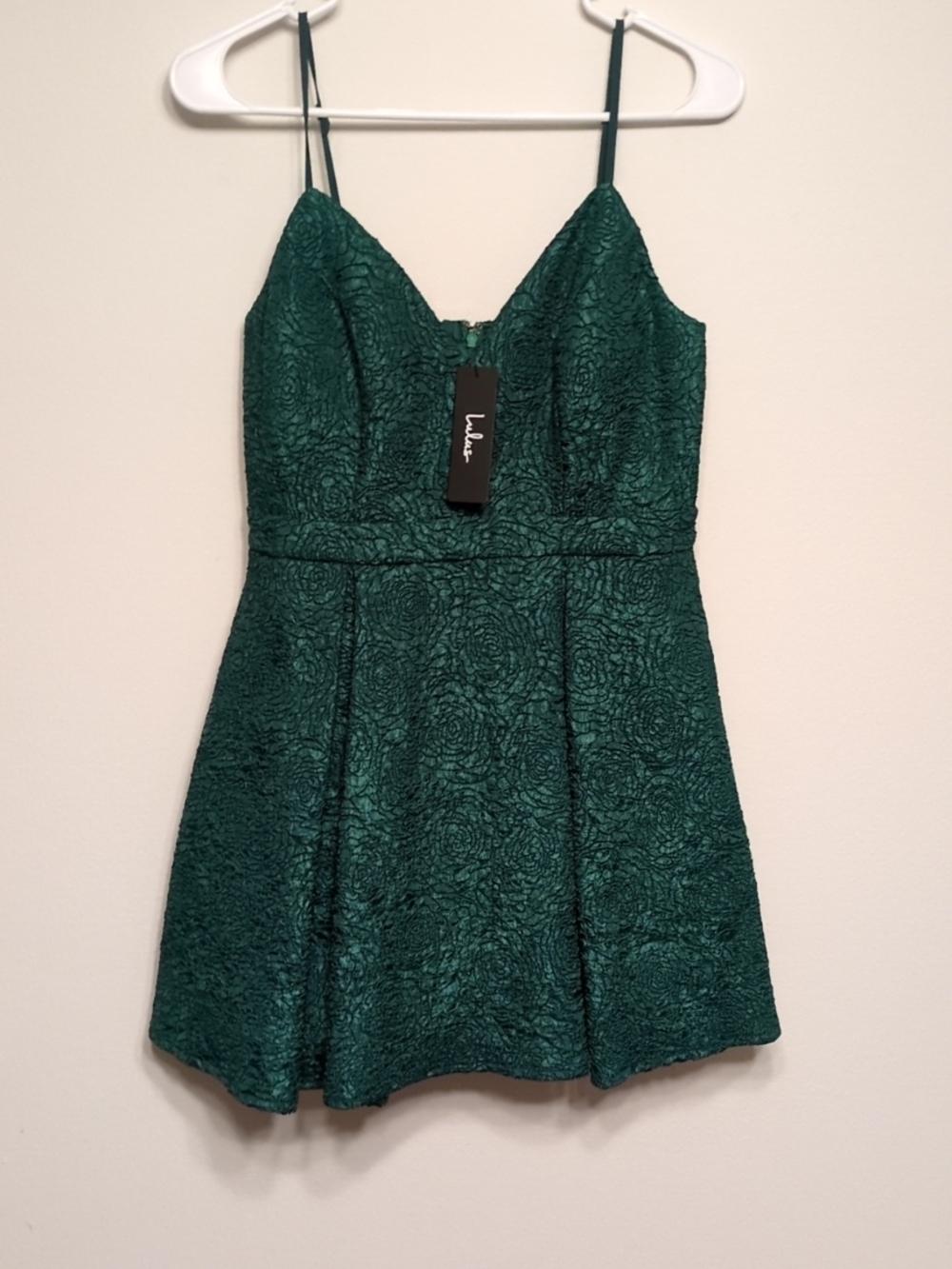Lulu's Emerald Textured Spaghetti-Strap Fit & Flare Mini Dress